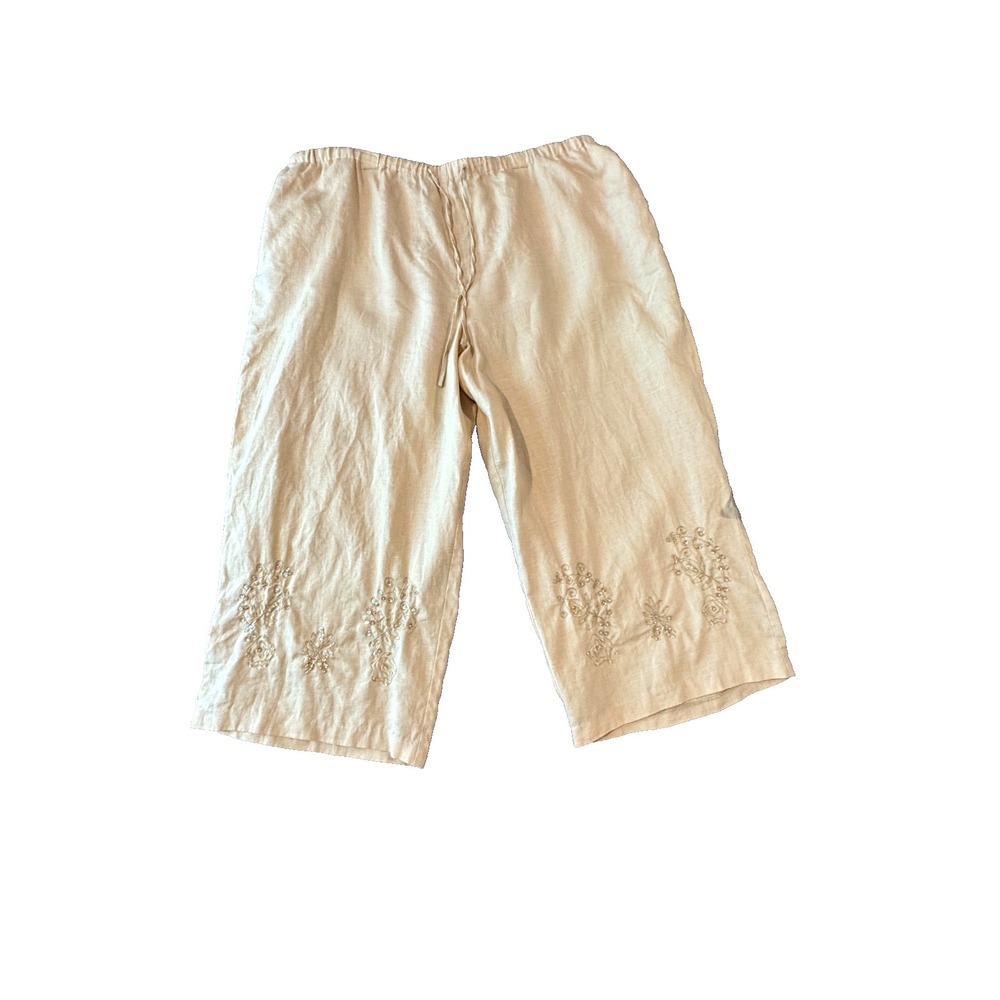 100% Irish Linen Wide Leg Cropped Pants 3X Plus Pockets Embroidered Vanilla